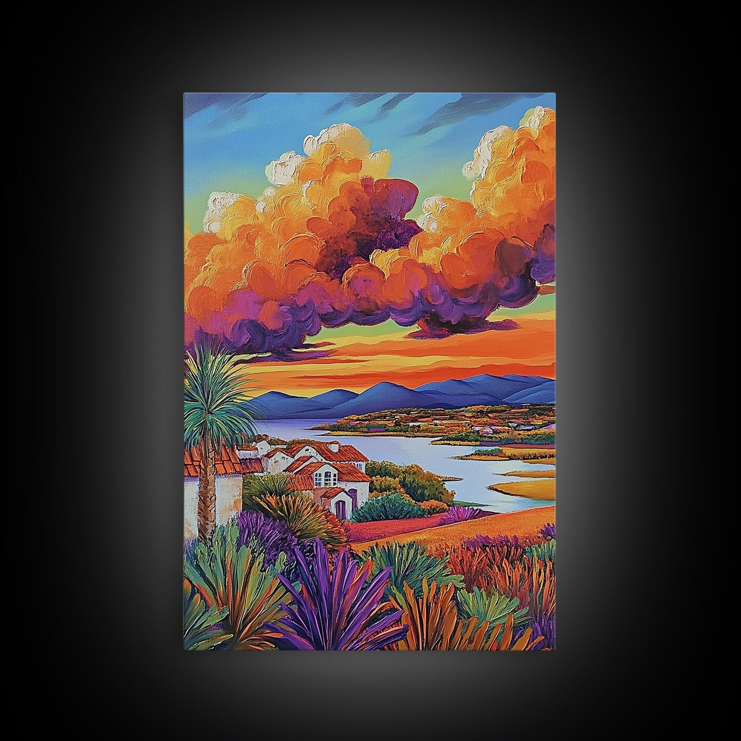 Village Sunset, Clouds, Landscape, Framed Canvas Print, Colorful Scenic Wall Art, Rustic Living Room Decor, Mediterranean Countryside
