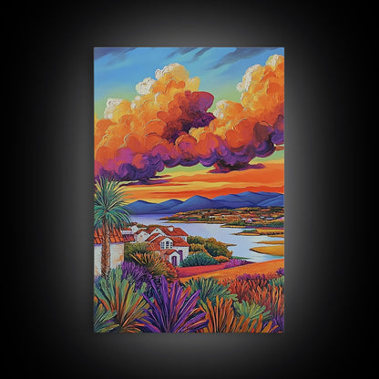 Village Sunset, Clouds, Landscape, Framed Canvas Print, Colorful Scenic Wall Art, Rustic Living Room Decor, Mediterranean Countryside