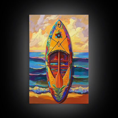 Yellow Surfboard Art, Vibrant Paddle Print, Colorful Beach Decor, Coastal Ocean Wall, Framed Canvas Print, Bathroom Wall Art, tropical art