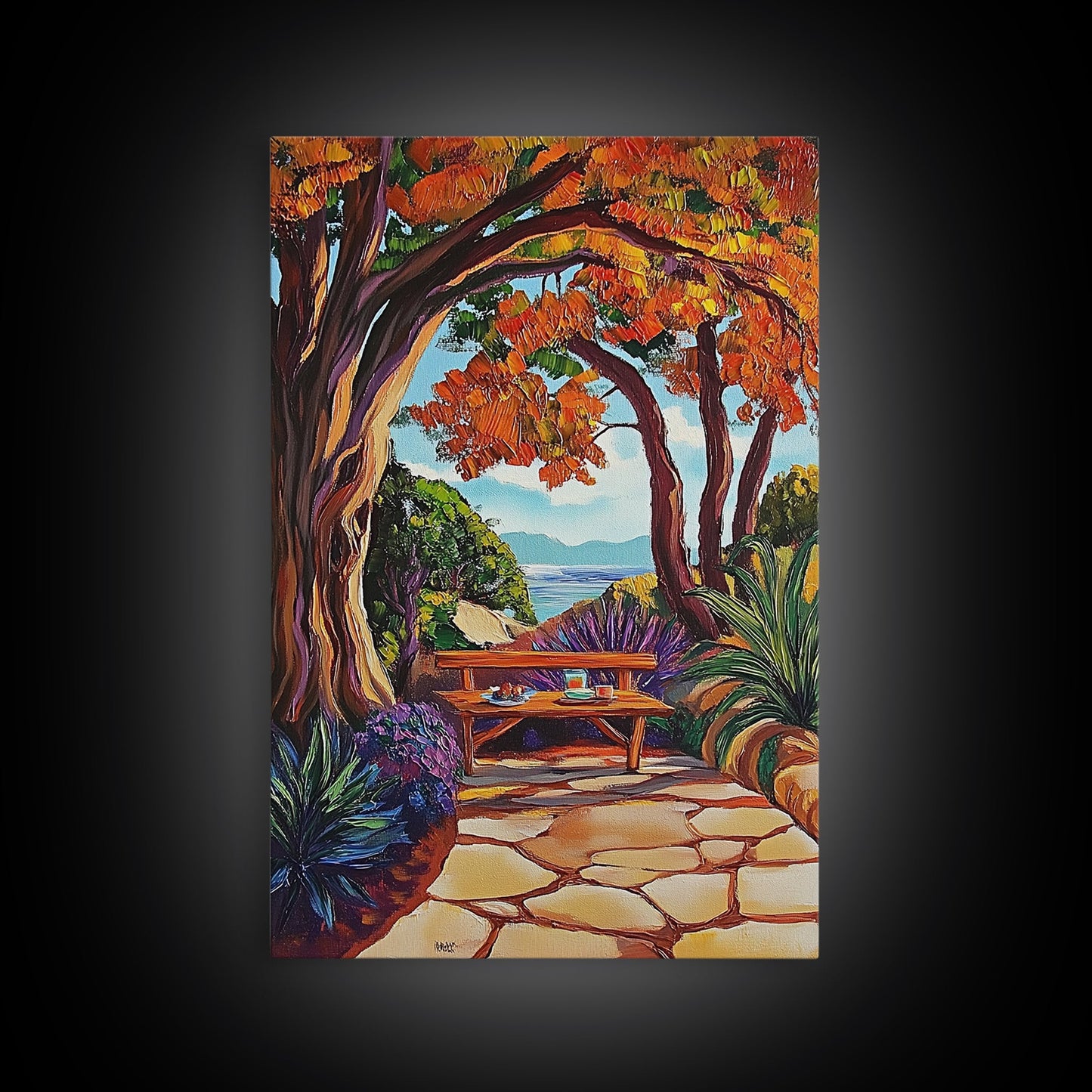 Autumn Table, Garden Path, Scenic View, Framed Canvas Print, cozy fall art, rustic decor, nature painting, Dining Room Wall Art