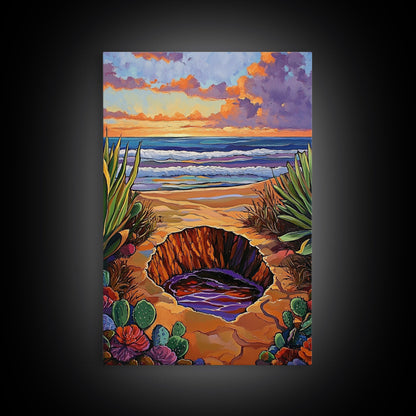 Desert Coast, Sunset Beach, Nature Hole, Surreal Art, Framed Canvas Print, Bedroom Wall Art, trippy boho decor, colorful landscape