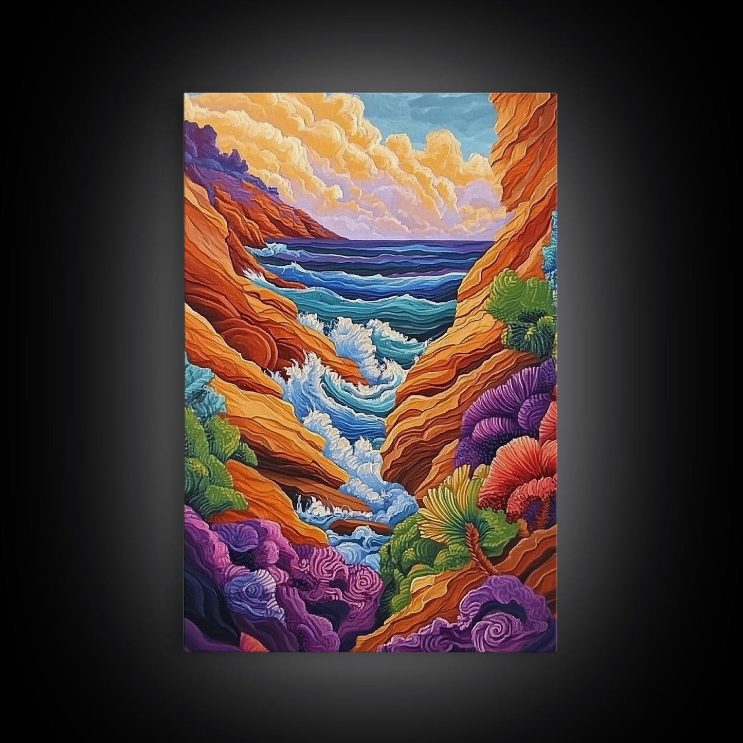 Wild Coast, Ocean Energy, Bold Waves, Colorful Rocks, Canvas Print, Eclectic Wall Art, Coastal Retreat Decor, Psychedelic Ocean Art