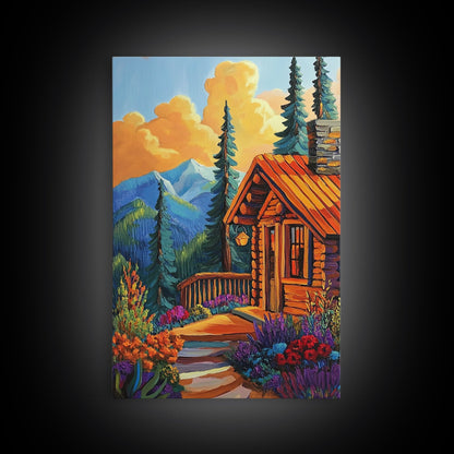 Cabin Escape, Fall Glow, Mountain Forest, Rustic Beauty, Canvas Print, Autumn Wall Art, Log Cabin Decor, Cozy Living Room Accent