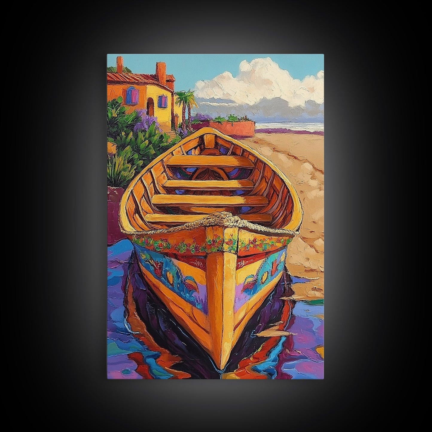 Painted Boat, Coastal Home, Nautical Style, Vibrant Beach Scene, Seaside Decor, Bathroom Wall Art, Canvas Print, Summer Vibes Art