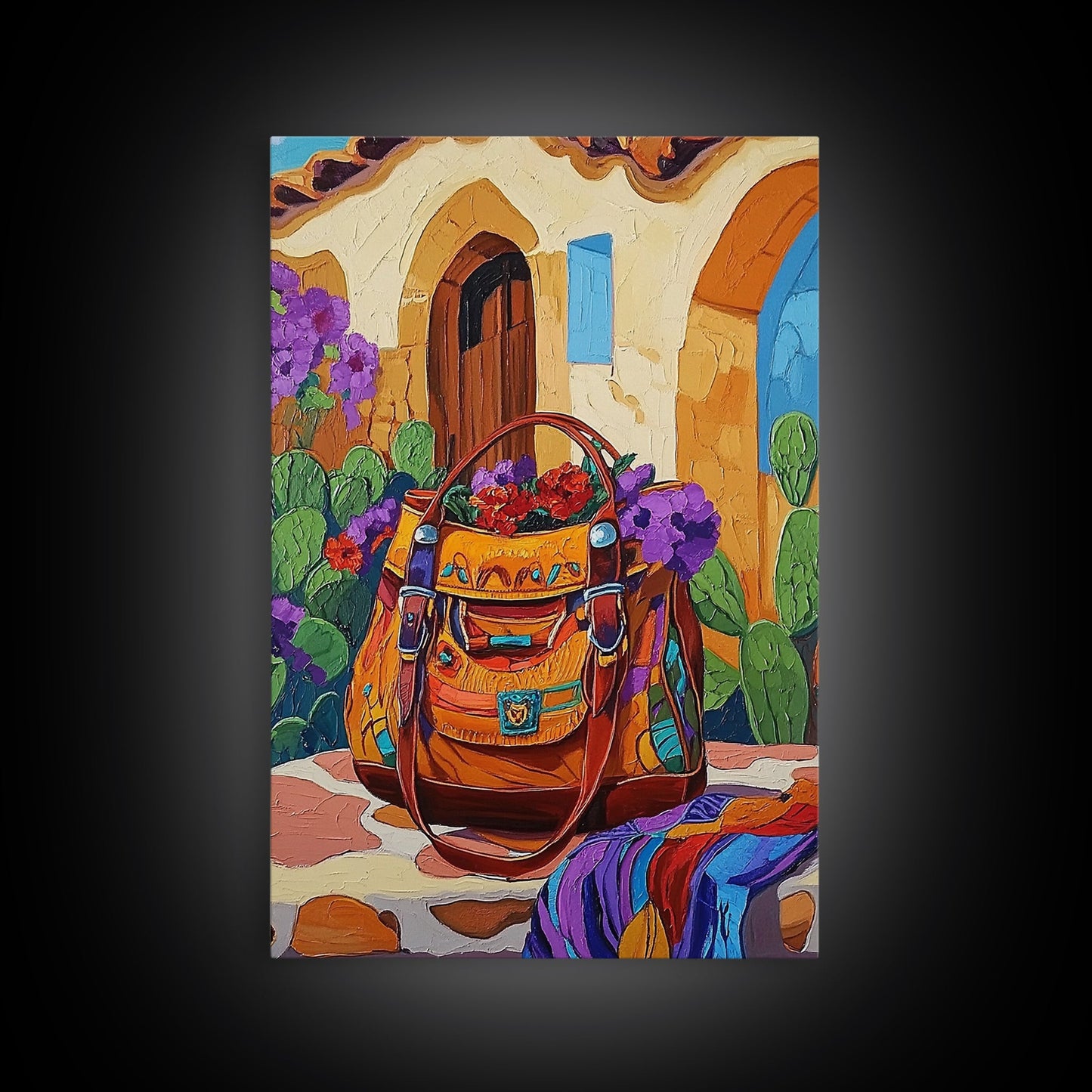 Saddle Bag, Desert Flowers, Southwest Style, Rustic Charm, Mexican Market Vibe, Entryway Wall Art, Framed Canvas Print, Colorful Boho Art