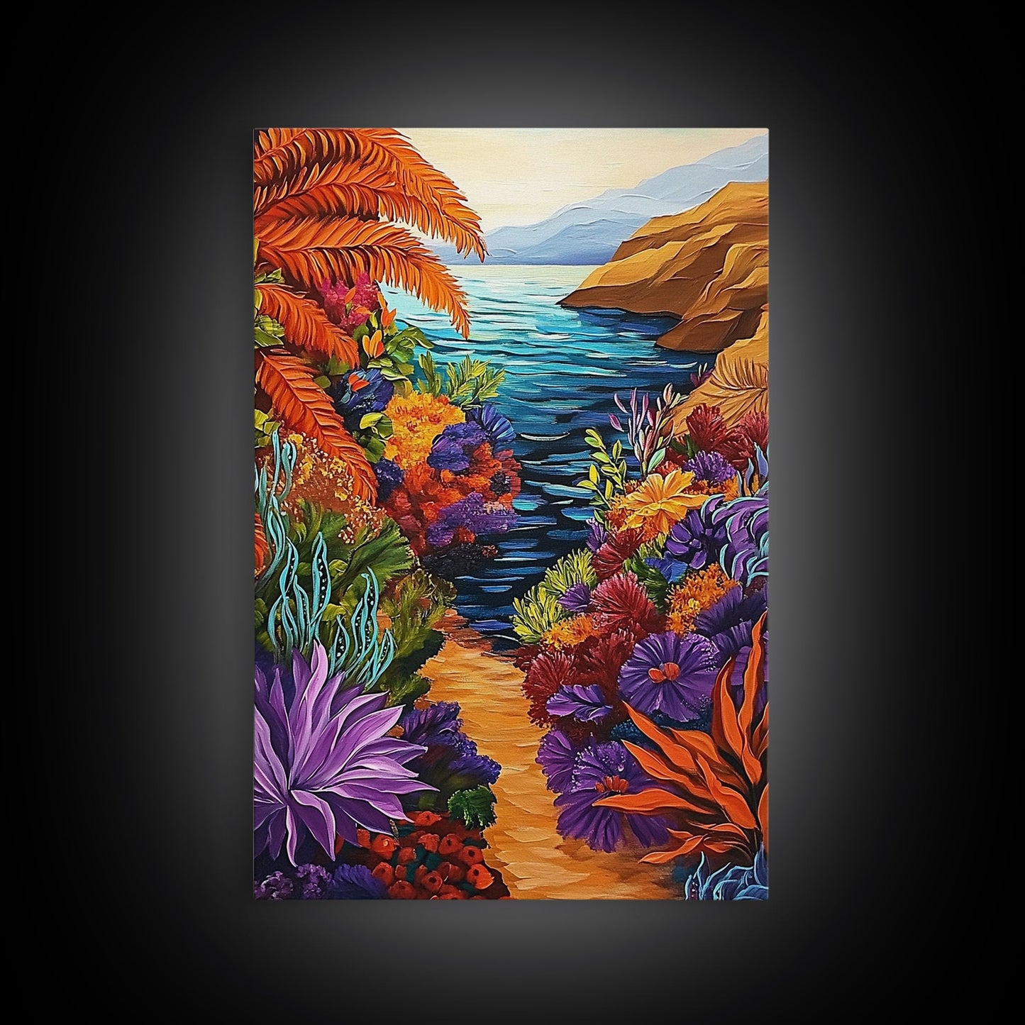 Hidden Cove, Ocean Trail, Botanical Beauty, Colorful Path, Framed Canvas Print, tropical jungle painting, hallway wall art, boho art