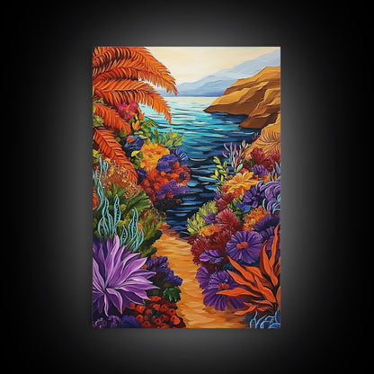 Hidden Cove, Ocean Trail, Botanical Beauty, Colorful Path, Framed Canvas Print, tropical jungle painting, hallway wall art, boho art