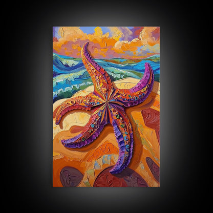 Starfish Closeup, Vibrant Shore, Ocean Texture, Coastal Beauty, Framed Canvas Print, Bathroom Wall Art, Beach House Decor, Seaside Boho Art
