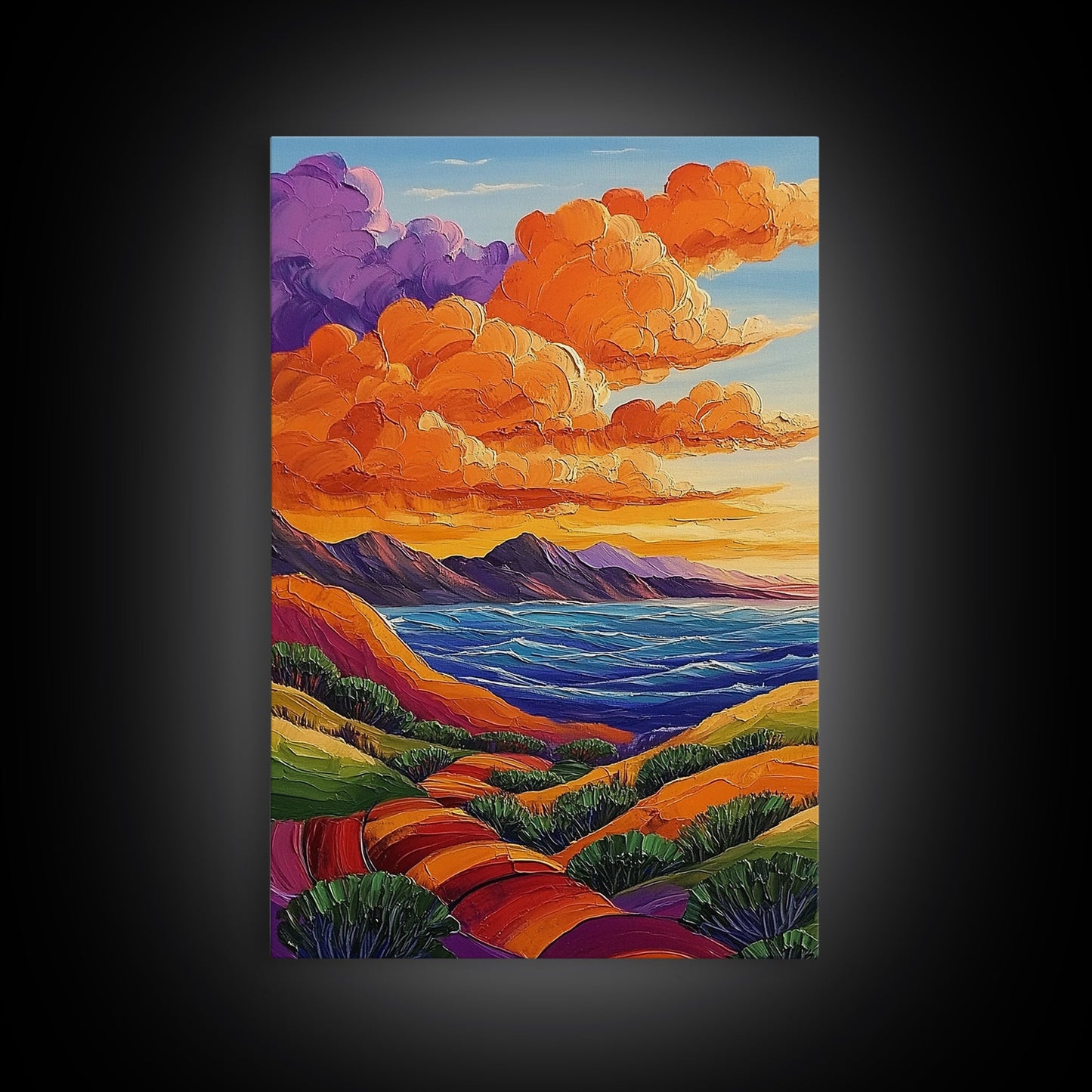 Coastal Hills, Sunset Path, Ocean View, Fiery Sky — Framed Canvas Print Autumn landscape painting, colorful kitchen wall art, boho decor