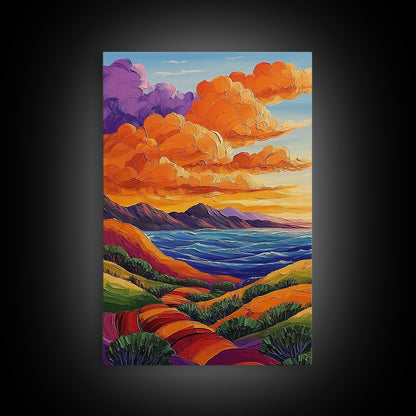 Coastal Hills, Sunset Path, Ocean View, Fiery Sky — Framed Canvas Print Autumn landscape painting, colorful kitchen wall art, boho decor