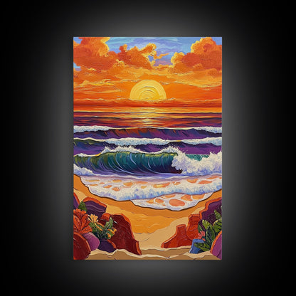 Sunset Beach, Crashing Waves, Golden Sky, Ocean Horizon — Canvas Print tropical landscape art, bathroom wall decor, modern beach vibe