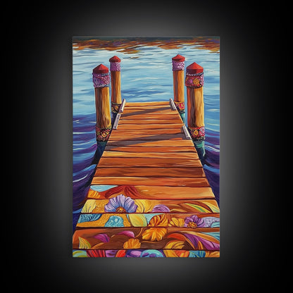 Painted Dock Scene, Vibrant Water Art, Lake House Decor, Canvas Print, Boho Coastal Wall Art, Summer Vibes, Nature Inspired