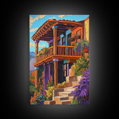 Rustic Balcony View, Desert Garden Colors, Southwest Home Art, Framed Canvas Print, Living Room Wall Art, Boho Summer Decor