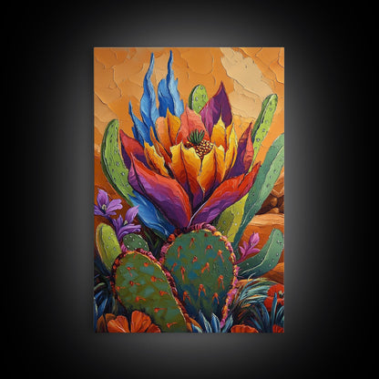 Cactus Blooming, Desert, Vivid, Framed Canvas Print bold southwest art, colorful desert cactus, southwestern home decor, kitchen wall art