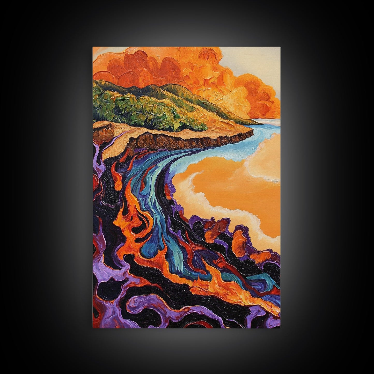 Lava Coastline, Molten Waves, Abstract Nature, Volcanic Scene, Framed Canvas Print, Fall Wall Art, Moody Decor, Earthy Abstract Art