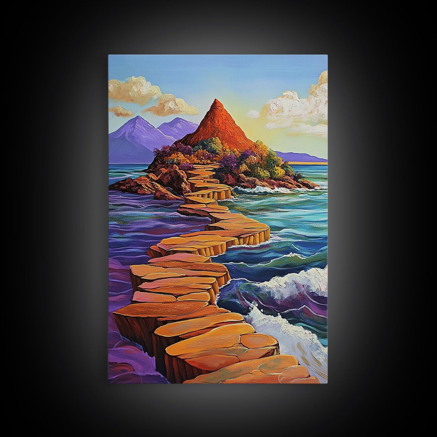 Island Pathway, Ocean Steps, Dreamy Seascape, Colorful Rocks, Framed Canvas Print, Hallway Wall Art, Coastal Home Decor, Zen Art