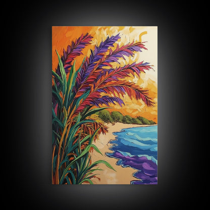 Vibrant Beach Grass, Sunset Ocean View, Coastal Wall Decor, Tropical Vibes, Framed Canvas Print, Summer Living Room Wall Art