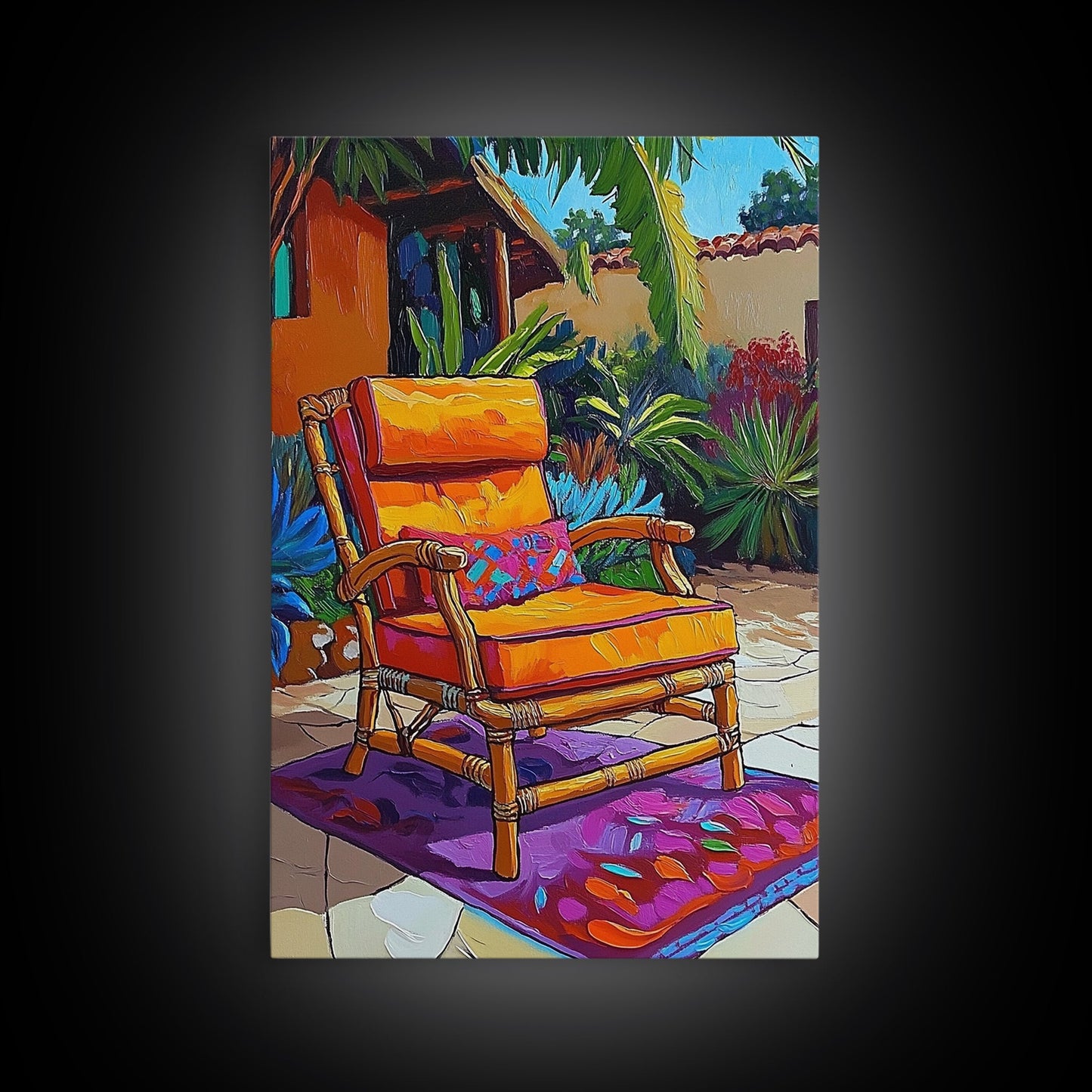 Chair Patio Palm, Tropical, Framed Canvas Print tropical garden wall art, colorful patio vibes, summer decor, boho sunroom wall art