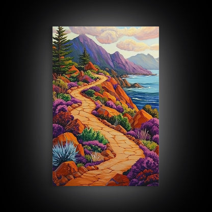 Winding Trail, Ocean Cliffs, Coastal Landscape, Mountain View, Framed Canvas Print, rustic wall art, cabin decor, colorful nature painting