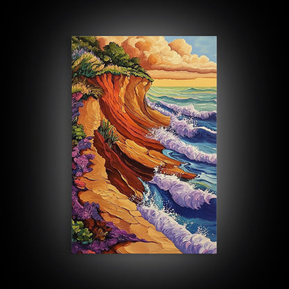 Waves Cliffs, Nature Surf, Canvas Print dramatic ocean surf painting, coastal boho landscape art, Living Room Wall Art, beachy decor