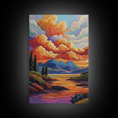 Mountains Lake, Sky Reflection, Canvas Print sunset mountain scene wall decor, serene nature landscape painting, Living Room Wall Art