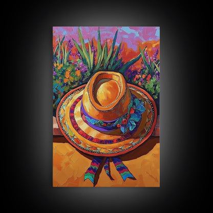Sombrero, Garden, Boho, Floral, Framed Canvas Print, Bright floral garden sombrero artwork, perfect boho colorful kitchen wall art