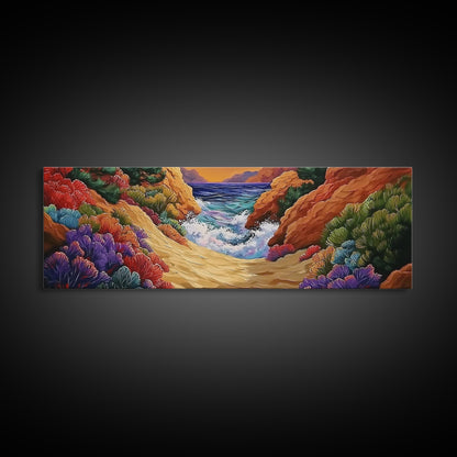 Ocean Path, Colorful Cliffs, Bright Beach, Nature Trail, Framed Canvas Print, Coastal Wall Art, Hallway Decor, Vibrant Seaside Painting
