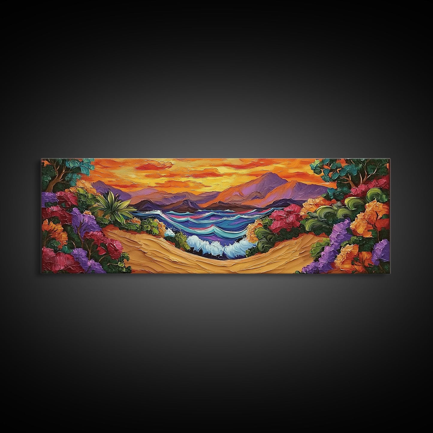 Tropical Sunset Cove, Vibrant Ocean Painting, Beach House Decor, Bold Nature Scene, Boho Living Room Canvas Print, Nature Painting