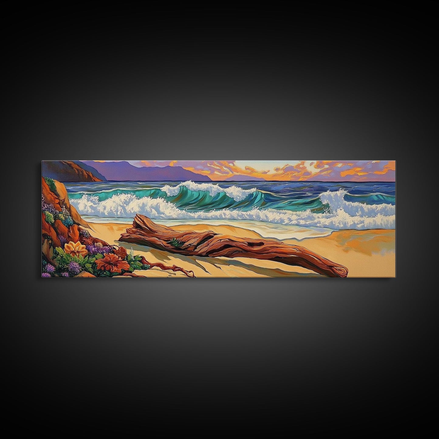 Ocean Shore Driftwood, Seaside Flower Art, Nature Landscape, Framed Canvas Print, Coastal Living Room or Beach House Wall Art