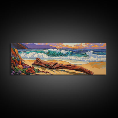 Ocean Shore Driftwood, Seaside Flower Art, Nature Landscape, Framed Canvas Print, Coastal Living Room or Beach House Wall Art