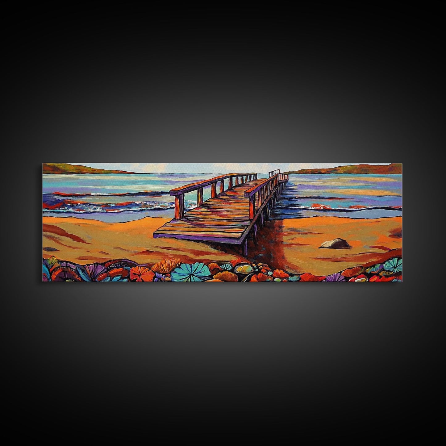 Seaside Pier, Vibrant Coast, Beach View, Framed Canvas Print, coastal artwork, beach house decor, summer vibes, living room art