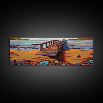 Seaside Pier, Vibrant Coast, Beach View, Framed Canvas Print, coastal artwork, beach house decor, summer vibes, living room art