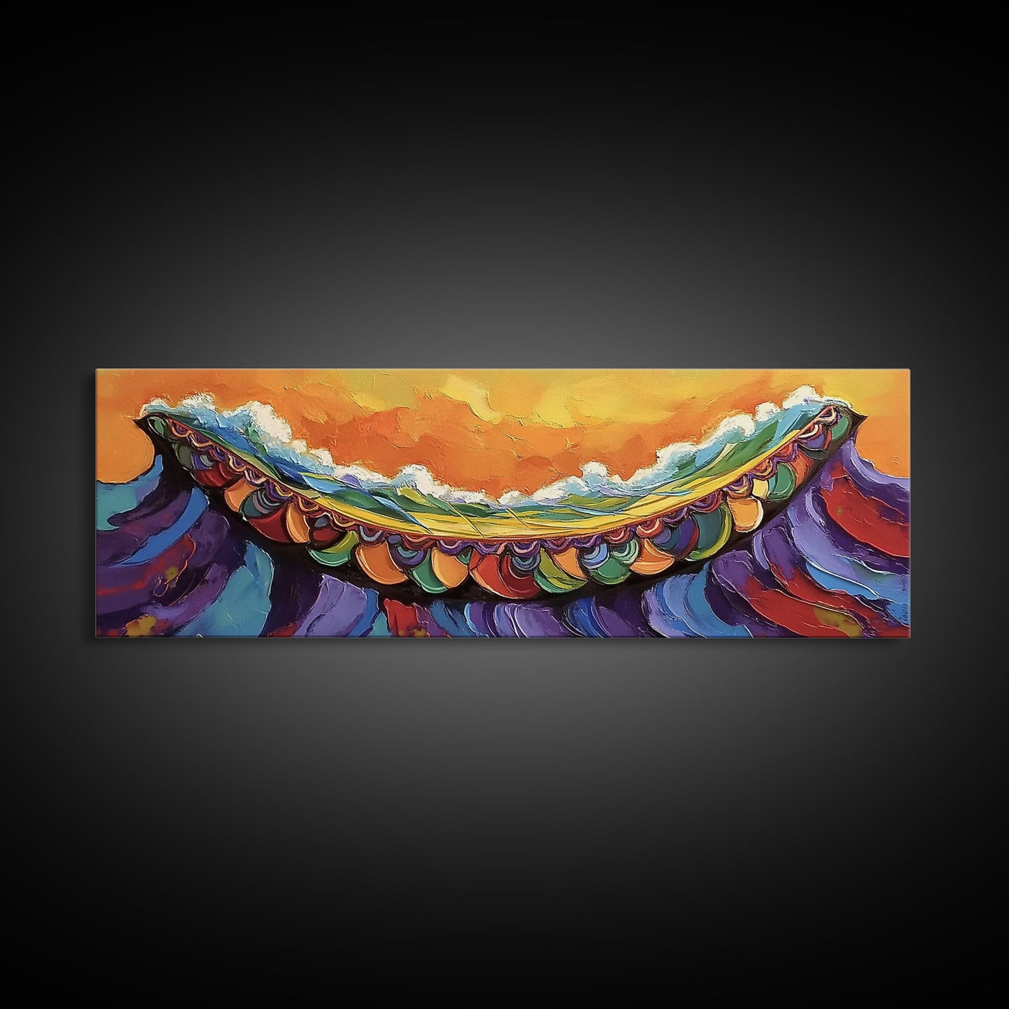 Carnival Wave, Festive Ocean, Playful Waters, Framed Canvas Print, beach bathroom art, coastal fun painting, surf wall decor