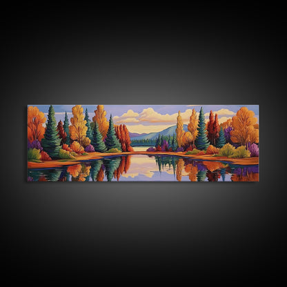 Autumn Reflections Painting, Lakeside Forest Landscape, Fall Color Trees, Framed Canvas Print, Cabin Wall Art, Cozy Living Room