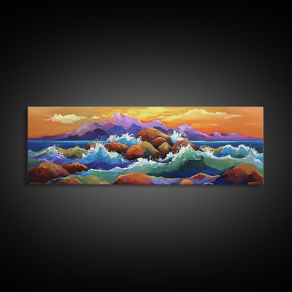 Coastal Rocks Waves, Sunset Ocean Painting, Colorful Seaside View, Framed Canvas Print, Nautical Wall Art, Living Room Decor