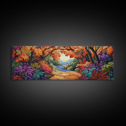 Autumn Archway, Colorful Path, Forest Lake, Vibrant Trees, Framed Canvas Print, Entryway Wall Art, Fall Nature Scene, Boho Art