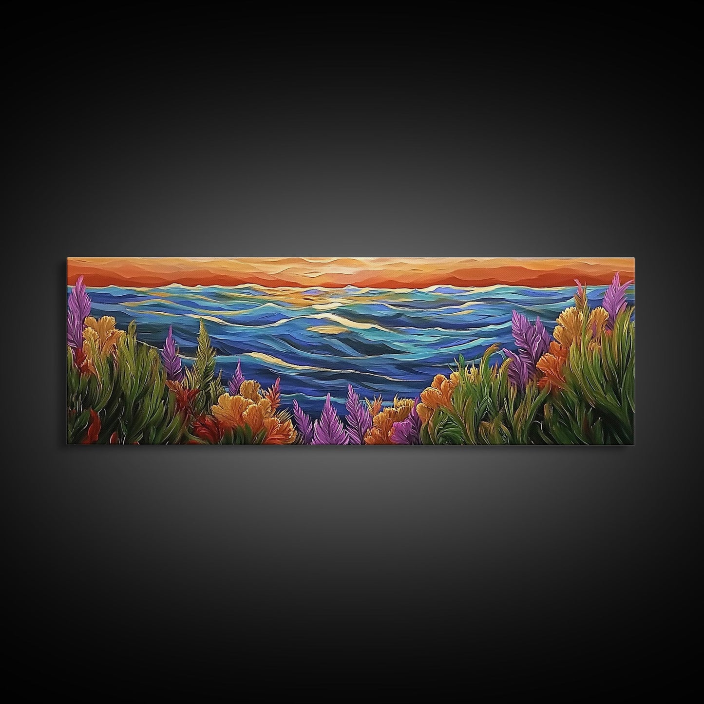 Ocean Horizon, Sunset Sea, Flower Garden, Nature Escape, Canvas Print, Beach House Decor, Tropical Seascape Wall Art