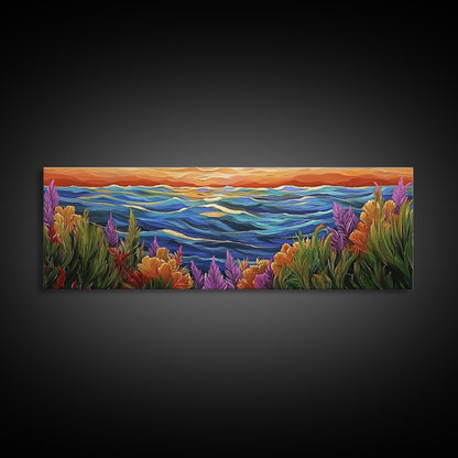 Ocean Horizon, Sunset Sea, Flower Garden, Nature Escape, Canvas Print, Beach House Decor, Tropical Seascape Wall Art