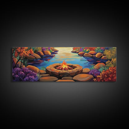 Campfire by River, Autumn Glow, Cozy Outdoor Scene, Framed Canvas Print, fall landscape, rustic decor, lodge wall art, den artwork