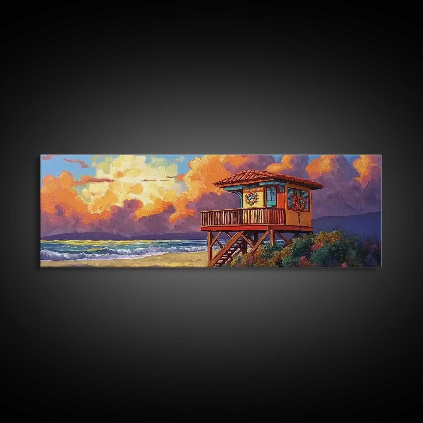 Lifeguard Tower Glow, Beach Sunset Scene, Holiday Decor, Framed Canvas Print, coastal art, tropical beach home, fall season decor