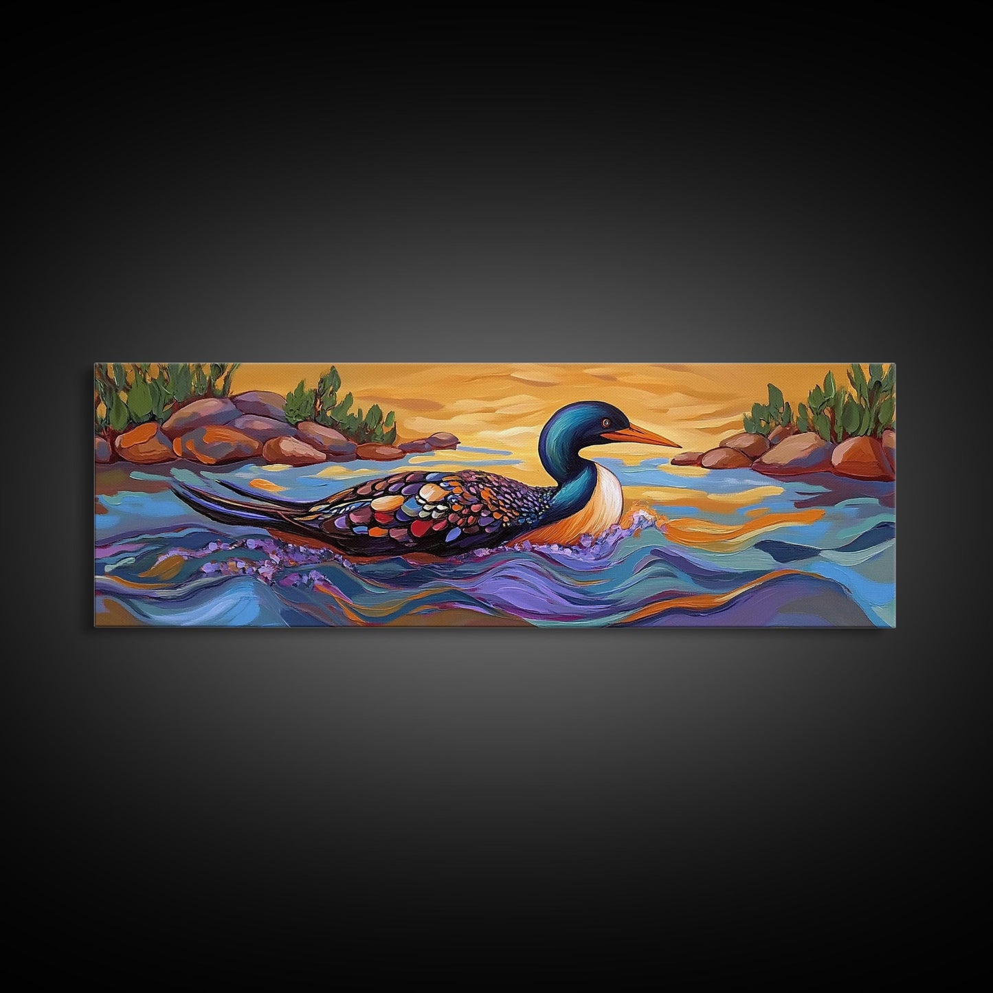 Loon Painting, Tranquil Waters, Sunset Paddle, Colorful Feathers, Framed Canvas Print, lake house art, wildlife nature decor