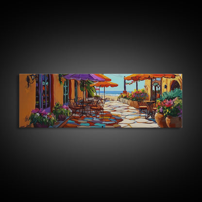 Coastal Café, Ocean View, Umbrella Patio, Bright Florals, Framed Canvas Print, Kitchen Wall Art, Mediterranean Style, Garden Dining Art