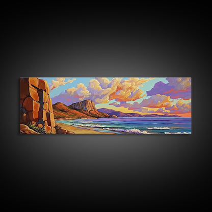 Sunset Beach View, Coastal Mountain Landscape, Peaceful Ocean Wall Art, Framed Canvas Print, Boho Bedroom or Living Room Decor