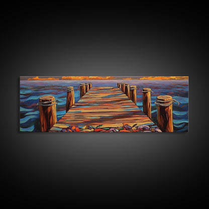 Wooden Dock Sunset, Ocean Pier Painting, Tranquil Seascape Decor, Nautical Beach House Style, Framed Canvas Print