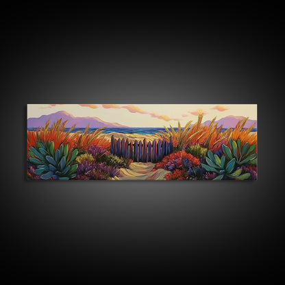 Beach Fence, Sunset Shore, Autumn Grass, Serene Dunes, Framed Canvas Print, Boho Coastal Art, Bedroom Tranquil Wall Decor