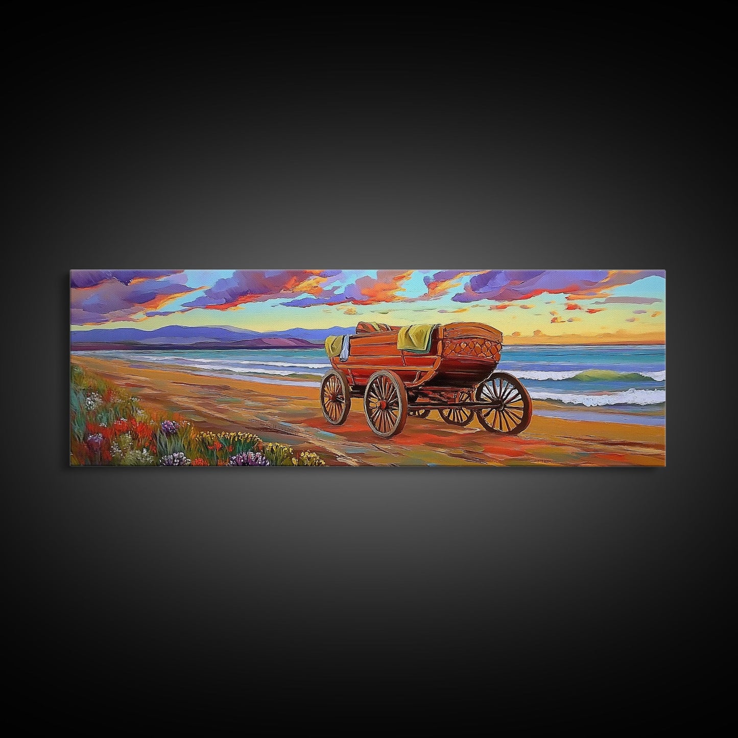 Wagon Beach, Country Ocean, Sunset Retreat, Rustic Cart, Framed Canvas Print, Farmhouse Coastal Art, Entryway Western Decor