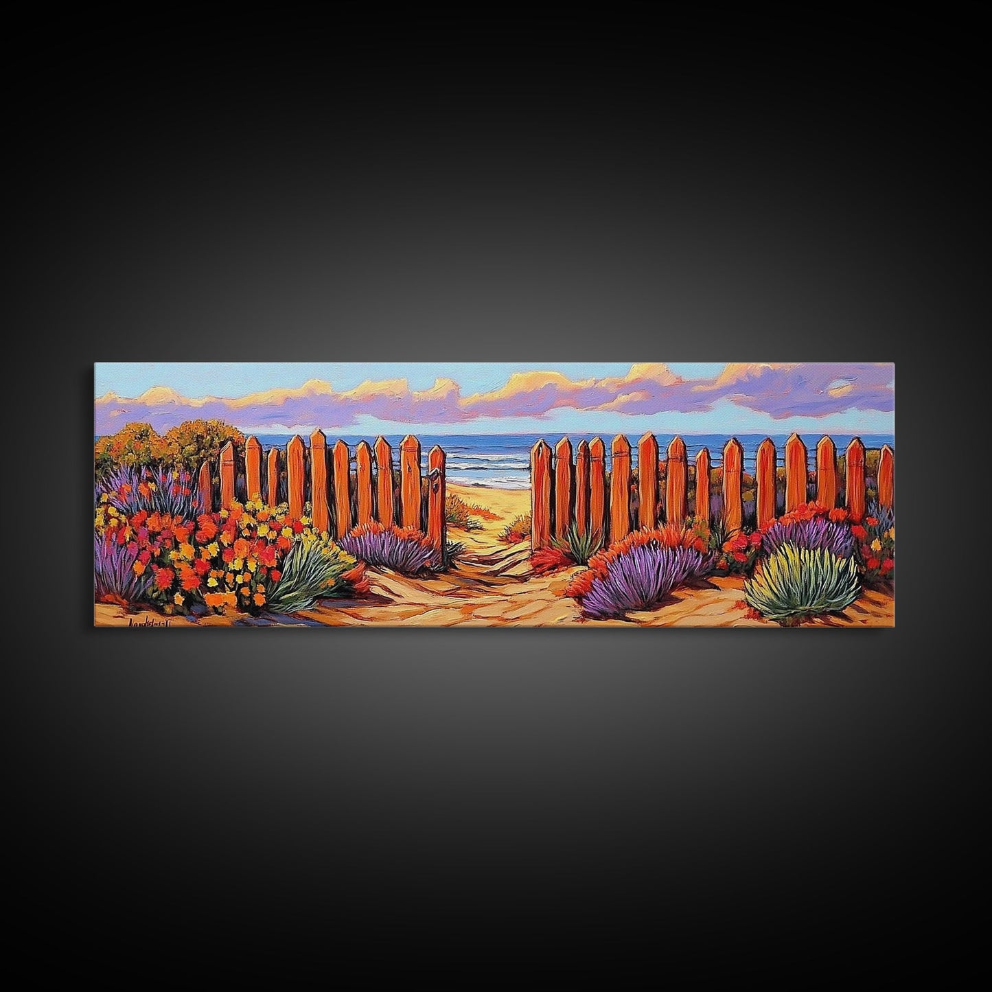 Beach Fence Trail, Ocean Coastal View, Sandy Pathway, Framed Canvas Print, Vibrant Seaside Art, Bathroom or Entryway Decor