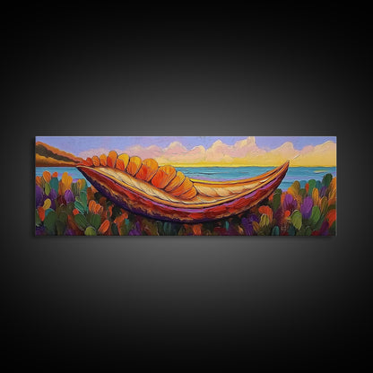 Vibrant Canoe Shell, Coastal Fantasy Art, Ocean Dreamscape, Framed Canvas Print, Tropical Wall Decor, Beach House Accent Piece