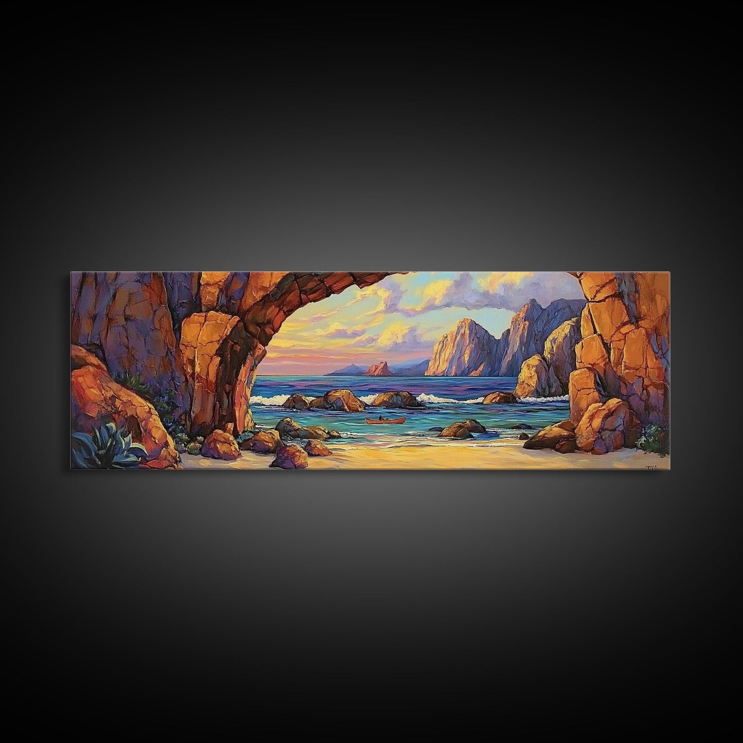 Coastal Archway View, Rocky Beach Sunset, Ocean Serenity, Framed Canvas Print, Nautical Living Room Art, Seaside Escape Scene