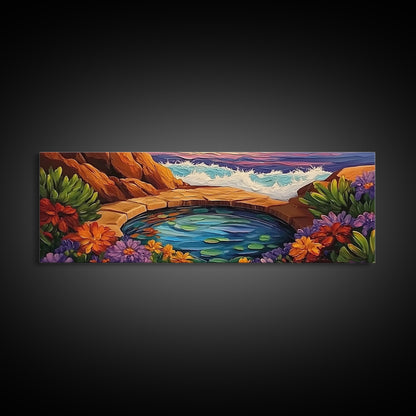 Garden Oasis, Coastal Pool, Tropical Bloom, Framed Canvas Print, Bathroom Wall Art, Vibrant Nature Decor, Colorful Landscape Art